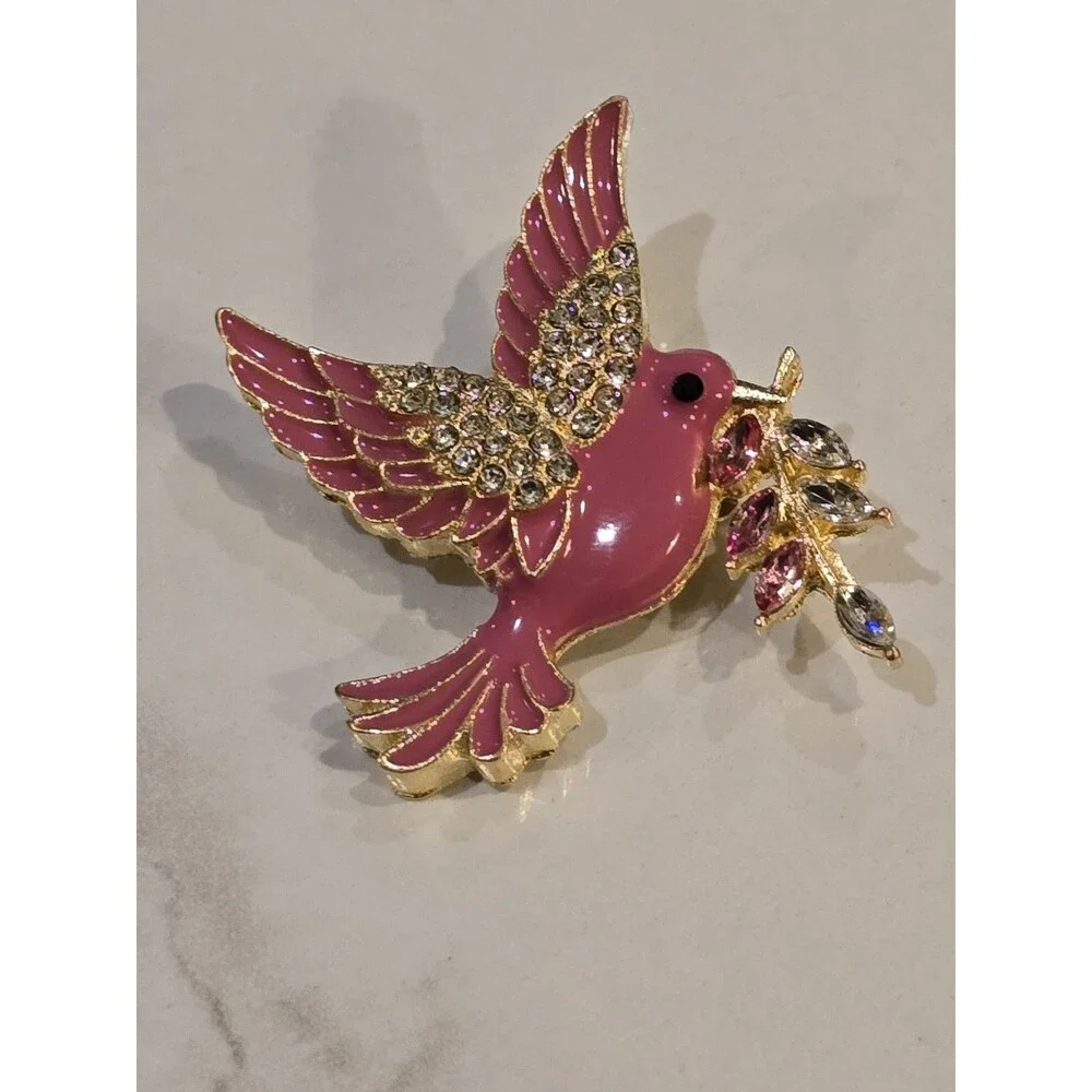 Pink Enamel Bird Brooch Rhinestone Flower Branch Gold Tone Dove Songbird Pin